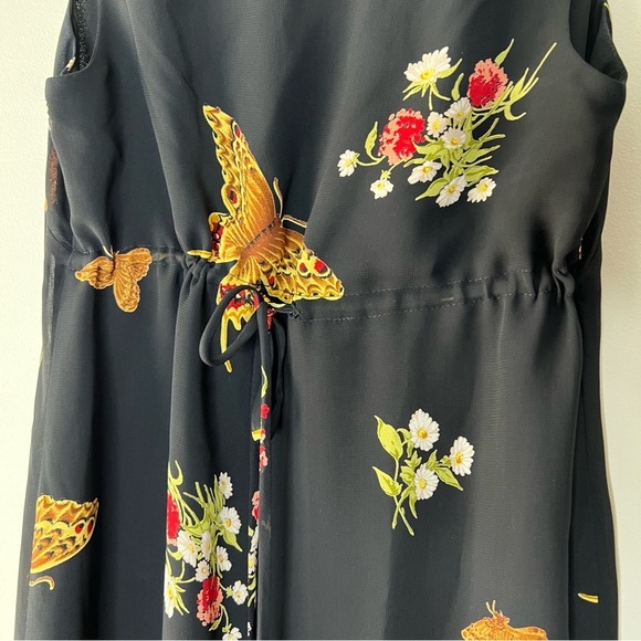 Mica Vintage 90s Moth & Floral Black Midi Dress Lined Waist Tie Gold Red S/M 4 - Picture 4 of 6